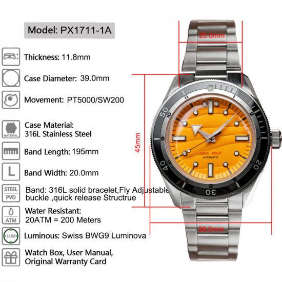 Proxima PX1711-1A Men's Watch Sand Dial 39mm Automatic Mechanical Watch 316L Stainless Steel Dome Sapphire Glass Wristwatches