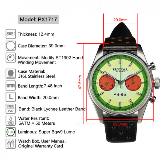 Proxima New PX1717 Watch of Mens Modify ST1902 Watermelon Dial Waterproof Chronograph Mechanical Wristwatches Domed Sapphire