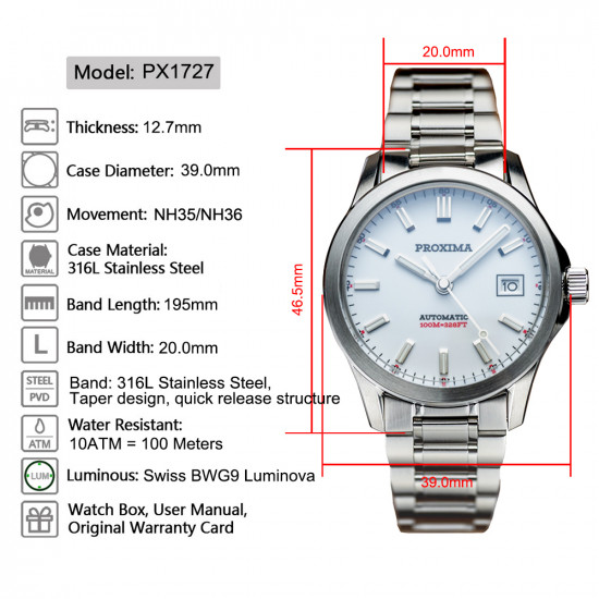 2025 New PX1727 39MM Men Mechanical Watches Sapphire Glass Sport Watch 100M Waterproof Automatic Watch for Men