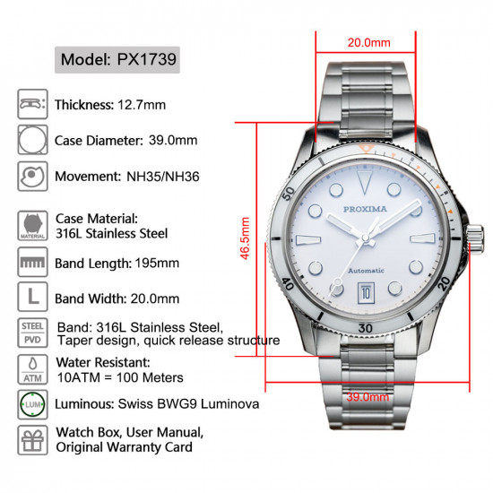 Proxima PX1739 Luxury Men Watch Enamel Dial Full Luminous 39mm Dive Watch NH35 Automatic Mechanical Waterproof 100m 2025 New