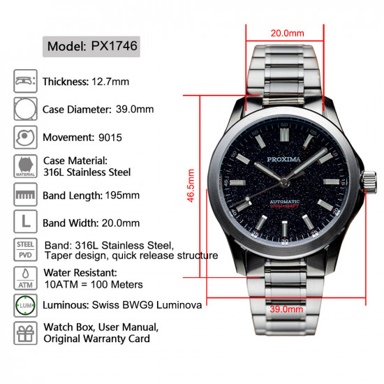 PX1746 New Mens Mechanical Watches Aventurine Dial 100M Waterproof Clock Sapphire Glass Automatic Men Watch Relogio Masculino