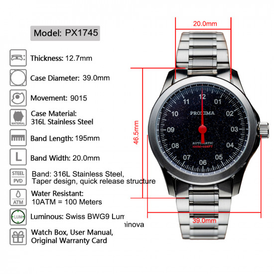 Proxima PX1745 Men's Watches Luxury 9015 Automatic One Hand Watch Stainless Steel Sapphire Crystal Glass 100M Waterproof