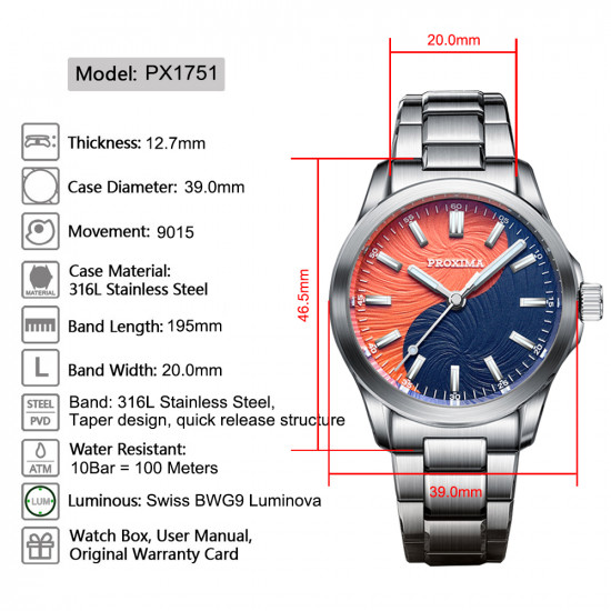 PX1751 Luxury Automatic Mechanical Wristwatches Sapphire Crystal Tai Chi Bagua Heaven and Earth Dial 10Bars Waterproof Clock Reloj Hombre