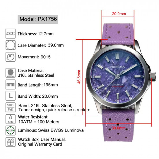 PX1756 Mens Mechanical Watch 39Mm Charoite Dial Miyota 9015 Movement Sapphire Waterproof Stainless Steel Watches OTF Clasp 10Bar