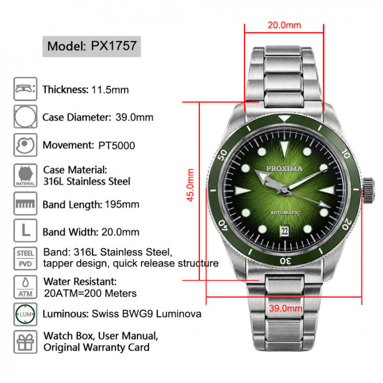Proxima PX1757 39mm Men Diver Watch Spiral Vortex Dial Luxury Diver Wristwatch PT5000 Automatic Mechanical Waterproof 200m